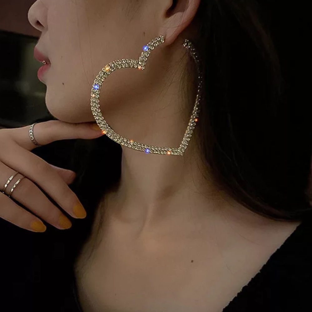 Oversized heart earrings rhinestone diamond and gold shimmer sparkle bling